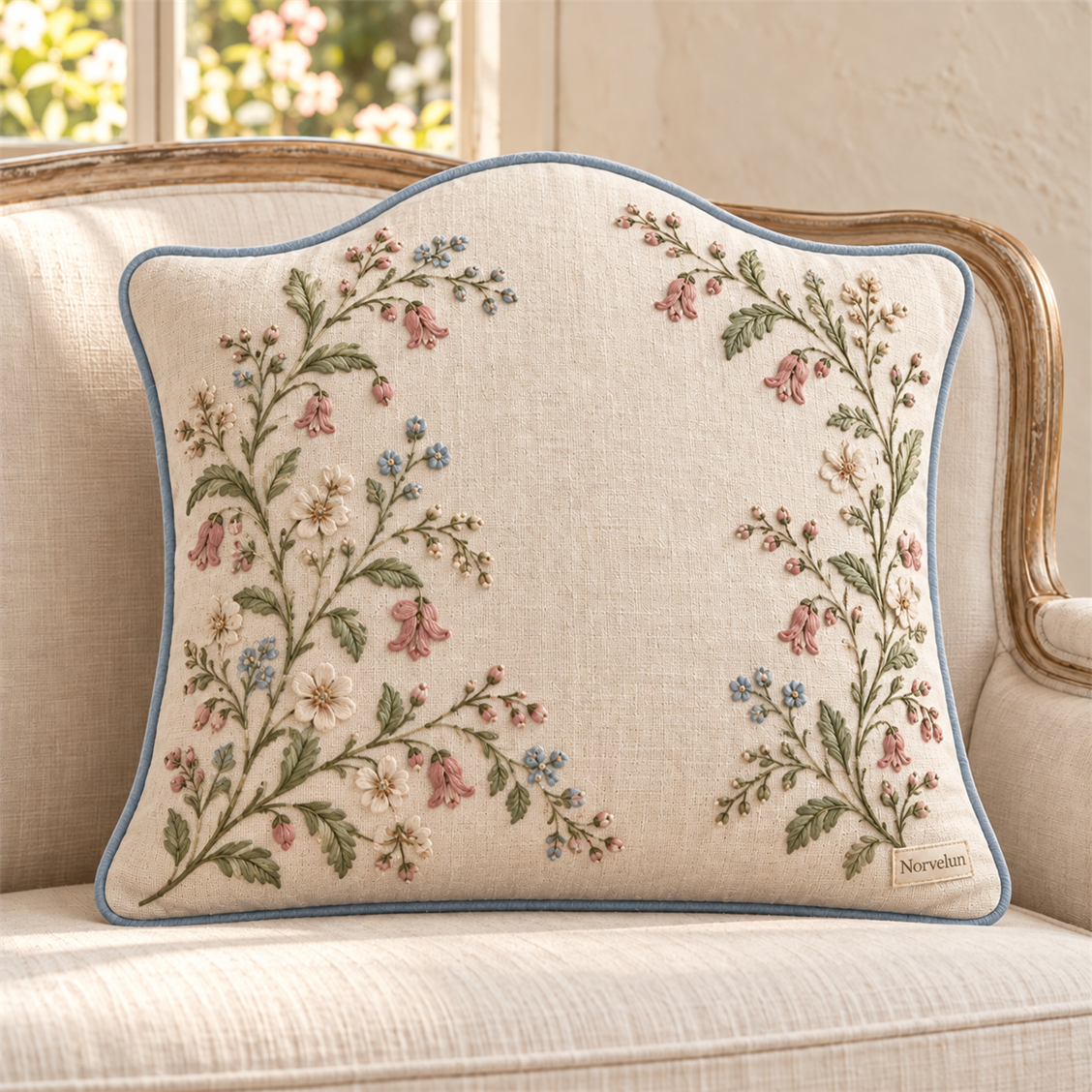 Norvelun Bluebell Garden Cushion styled room view