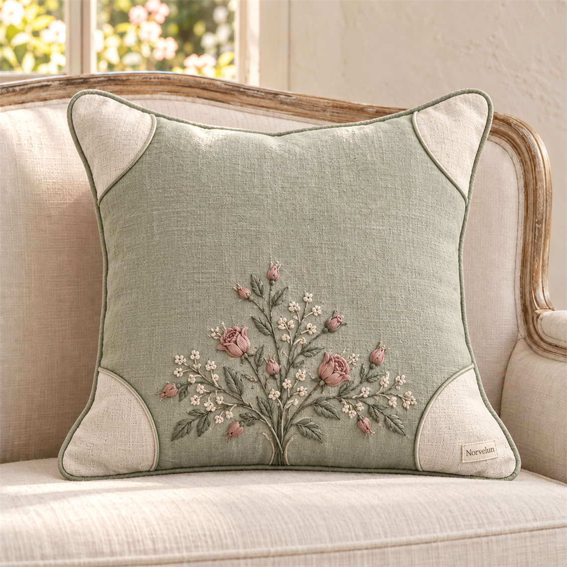 Norvelun Meadow Sage Botanical Cushion styled room view