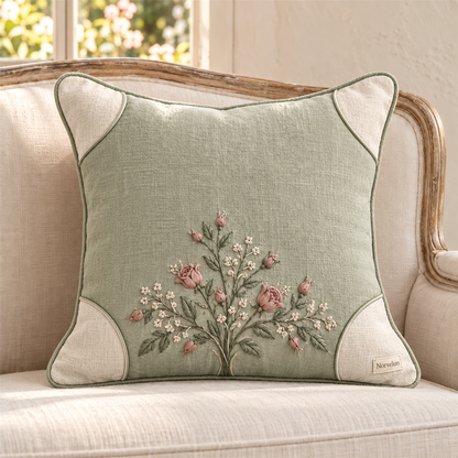 Norvelun Meadow Sage Botanical Cushion styled room view
