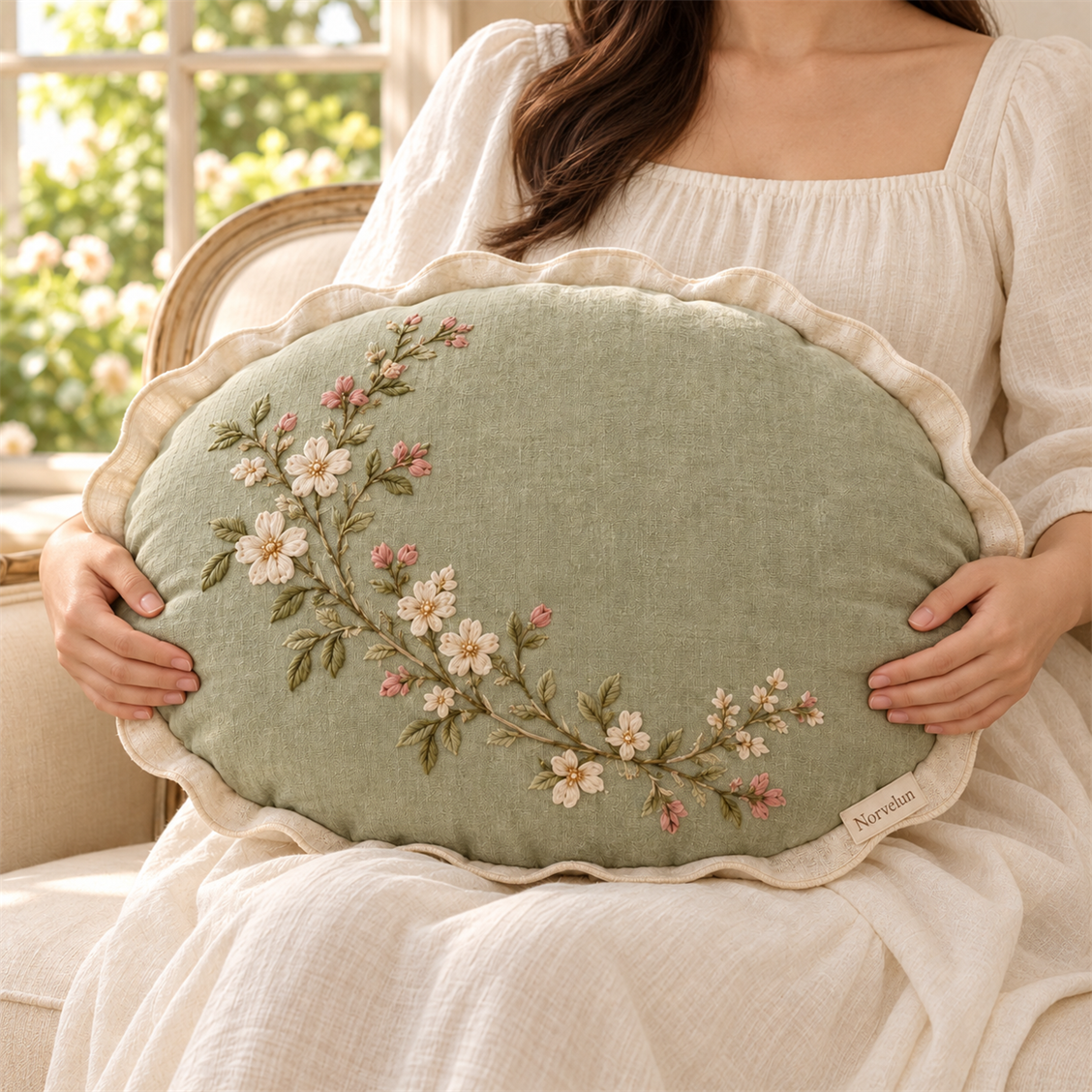 Norvelun Olive Blossom Oval Cushion styled room view