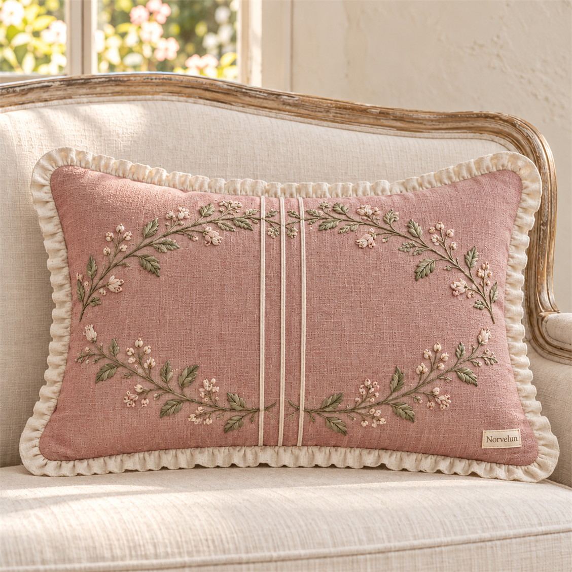 Norvelun Roseraie Blush Lumbar Cushion styled room view